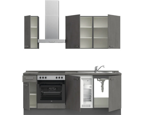 Komplette Küchenzeile mit Hängeschränken, Dunstabzugshaube, Spüle, Herd und Kühlschrank