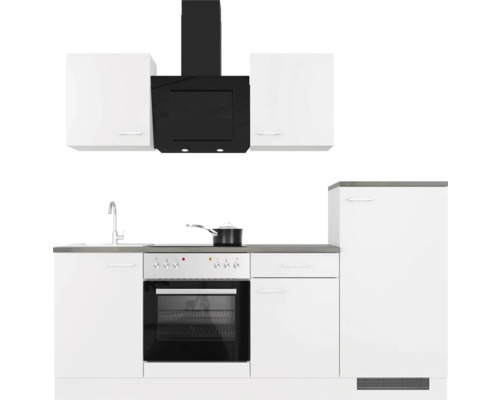 Küchenzeile mit Hängeschränken, Dunstabzugshaube, Spüle, Herd mit Backofen und Kühlschrank