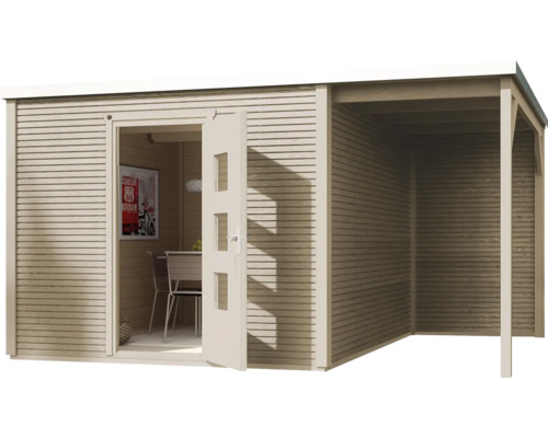 Gartenhaus mit überdachter Veranda und geöffneter Tür.