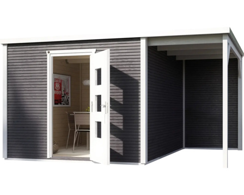 Holzgartenhaus mit geöffneter Tür und überdachter Veranda