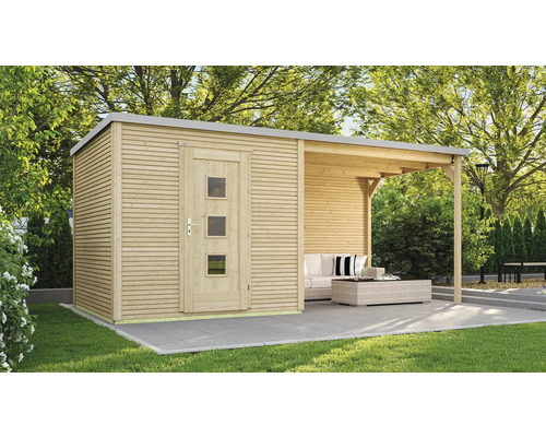 Gartenhaus weka Designhaus 413 B Gr. 1 inkl. selbstklebende Dachfolie, Fußboden, Dachanbau mit Rückwand 560 x 260 cm natur