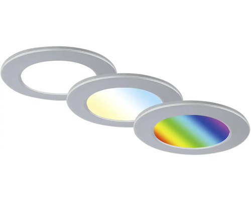 Drei LED Einbaustrahler mit unterschiedlichen Lichtfarben