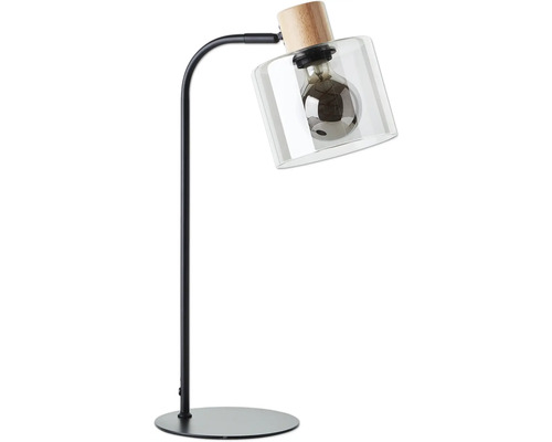 Tischleuchte mit Metallfuß, Holzdetails und Glasschirm