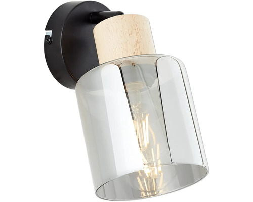 Wandleuchte mit Holzapplikation und Glasschirm