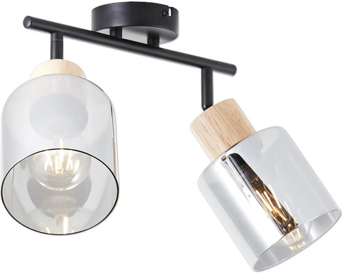 Deckenleuchte mit zwei Spots aus Glas und Holz