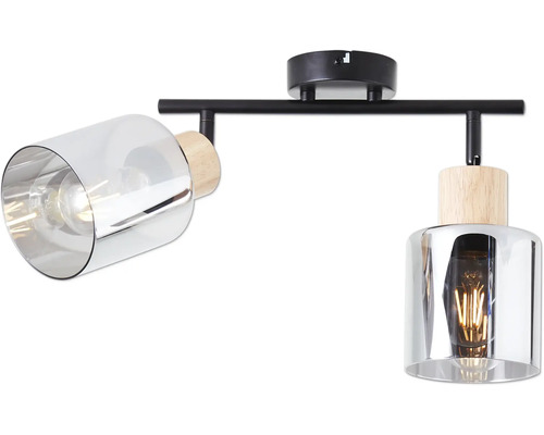 Deckenleuchte mit zwei Leuchten aus Holz und transparentem Glas