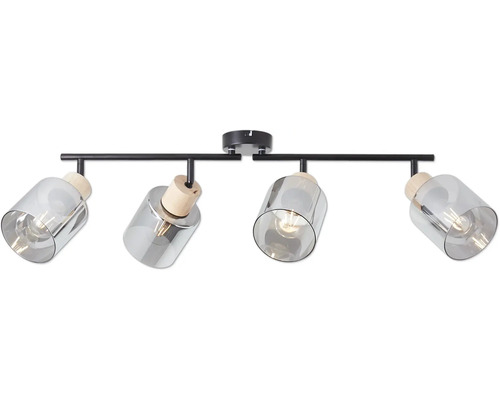 Deckenleuchte mit vier Strahlern aus Glas und Holz