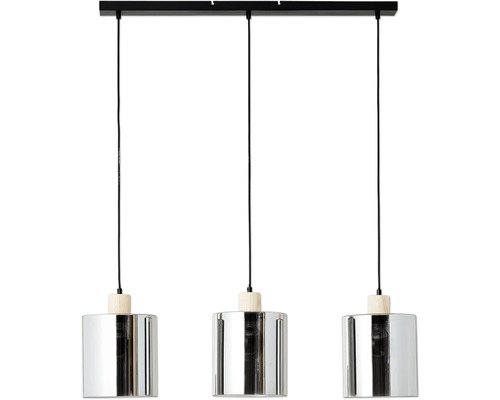 Dreiflammige Hängeleuchte mit zylindrischen Lampenschirmen aus Metall und Holz