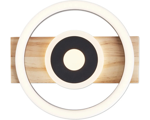 Moderne Wandleuchte mit Holzsockel und kreisförmigen Leuchtelementen