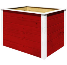 Roter Pflanzkasten aus Holz mit weißem Rahmen