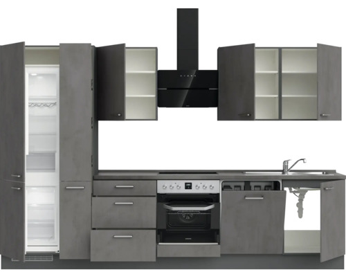 Komplette Küchenzeile mit Kühlschrank, Kochfeld, Backofen, Dunstabzugshaube, Spüle und Geschirrspüler in moderner Optik