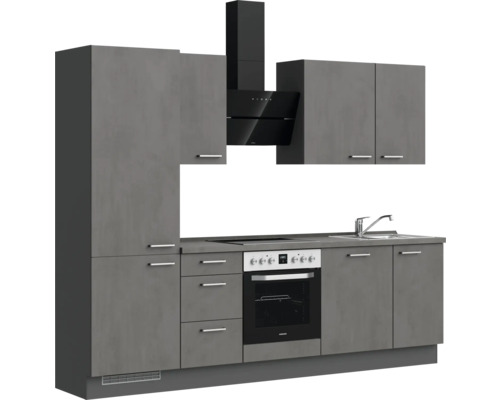 Moderne Einbauküche mit Spüle, Herd, Dunstabzugshaube und grauen Fronten