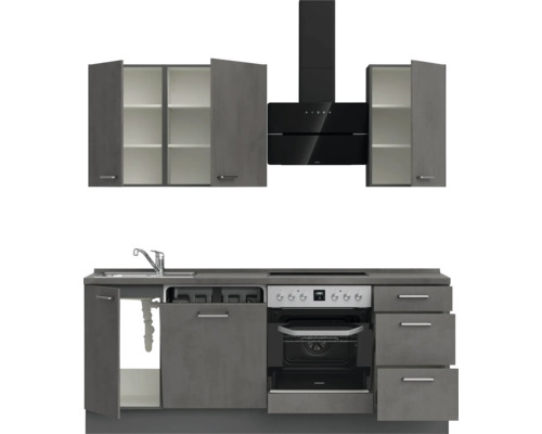 Komplette Küchenzeile mit Spüle, Herd, Dunstabzugshaube und Schränken.