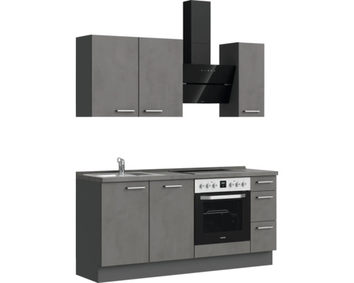 Komplette Küchenzeile mit Hängeschränken, Dunstabzugshaube, Spüle, Kochfeld und Backofen