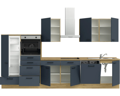 Komplette Küche mit Elektrogeräten, Spüle und Dunstabzugshaube