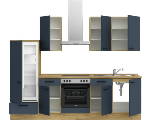 Komplette Küchenzeile mit Kühl- und Gefrierschrank, Dunstabzugshaube, Herd, Spüle und Schränken