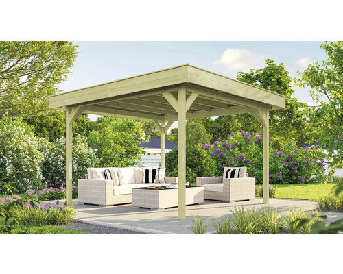 Pavillon weka 657 Gr. 2 306 x 306 cm kesseldruckimprägniert Quadratischer Pavillon mit Gartenmöbeln auf einer Terrasse