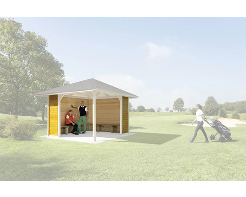 Sitzbank weka Gartenoase Gr. 1 inkl. Seiten- und Rückwand 651 199 x 69,5 cm natur Holzpavillon auf einem Golfplatz mit Personen