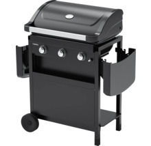 Schwarzer Gasgrill mit drei Brennern, Deckelthermometer und Seitenablagen.
