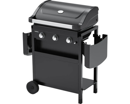 Schwarzer Gasgrill mit drei Brennern, Deckelthermometer und Seitenablagen.