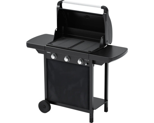 Schwarzer Gasgrill mit zwei Seitenablagen, Grillrost und Ablagefläche