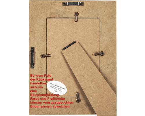 Rückseite eines Bilderrahmens mit Aufhängevorrichtung und Ständer