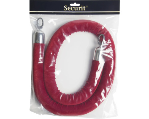 Rote Absperrkordel mit silberfarbenen Endstücken in Verpackung