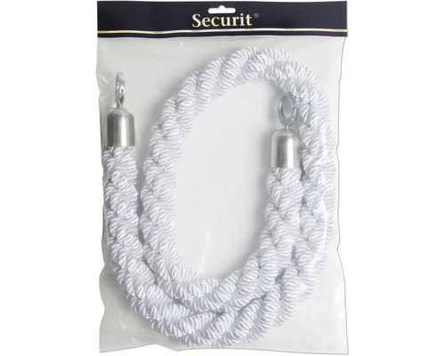 Geflochtenes Absperrseil mit silberfarbenen Endstücken in Verpackung