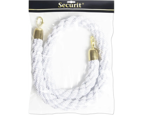 Gedrehtes Absperrseil in Weiß mit Messingfarbenen Hakenenden in Verpackung