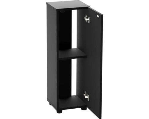 Schwarzer Unterschrank mit offener Tür und einem Regal