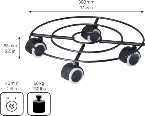 Rolluntersetzer mit drei Rollen, Durchmesser 300 mm, Tragkraft 60 kg