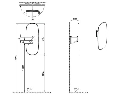 Technische Zeichnung eines Spiegels mit Maßangaben