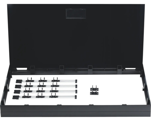 Offene schwarze Systembox mit Zubehör für Ordnung und Aufbewahrung