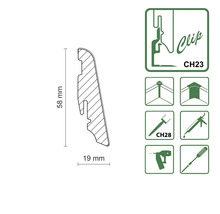Abbildung eines Sockelleistenprofils mit den Maßen 58 mm Höhe und 19 mm Breite sowie Symbole für Clipmontage, Eckverbindungen und Befestigungsmethoden.
