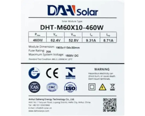 DAH Solar Moduldatenblatt mit technischen Details und Zertifizierungen