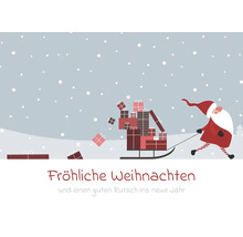 Grafik zeigt Weihnachtsmann mit Schlitten voller Geschenke im Schnee. Frohe Weihnachten und einen guten Rutsch ins neue Jahr.