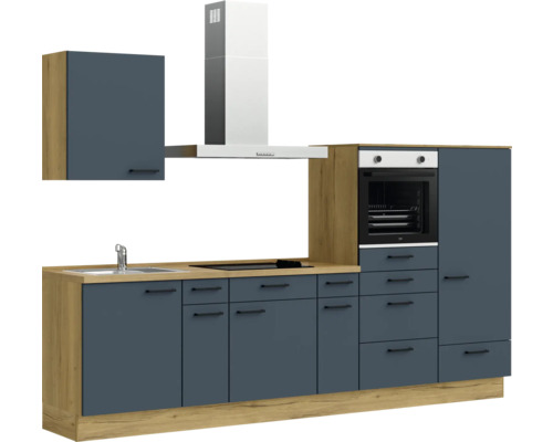 Komplette Küche mit Spüle, Kochfeld, Backofen, Dunstabzugshaube und Schränken