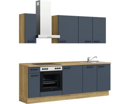 Küchenzeile mit Spüle, Kochfeld, Backofen, Dunstabzugshaube und Hängeschränken