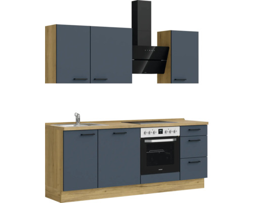 Komplette Küche mit Spüle, Kochfeld, Backofen und Dunstabzugshaube