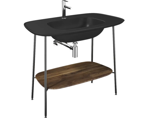 VitrA Möbelwaschtisch Plural 99,5 x 55 cm schwarz matt mit Untergestell 64046 Waschtisch mit chromfarbener Armatur, schwarzem Waschbecken und Holzablage