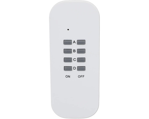 Weiße Fernbedienung mit Beschriftung A, B, C, D, Ein und Aus