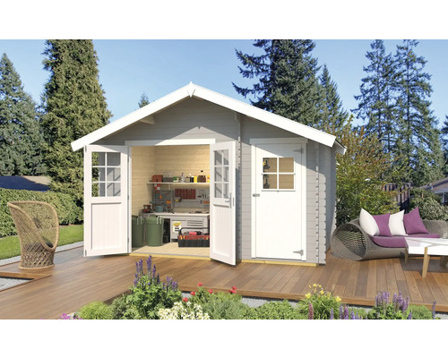 Gartenhaus weka 253 Gr. 1 inkl. Fußboden 420 x 260 cm hellgrau Garten mit Holzgartenhaus mit geöffneter Doppeltür, Werkbank und Regalen