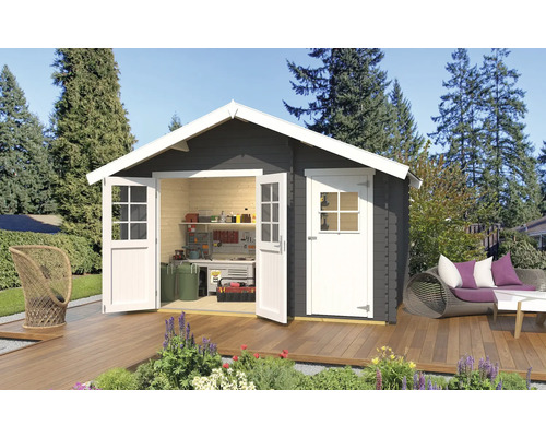 Gartenhaus weka 253 Gr. 1 inkl. Fußboden 420 x 260 cm graphitgrau Gartenhaus mit geöffneten Türen und Terrasse im Garten