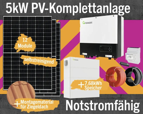 PV-Komplettanlage mit Speicher 7,68 kW (notstromfähig) 5 kWp inkl. Hybrid-Wechselrichter + Zubehör für Ziegeldach Solarmodul-Set Anzahl Module 12 Stück-0