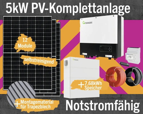 PV-Komplettanlage mit Speicher 7,68 kW (notstromfähig) 5 kWp inkl. Hybrid-Wechselrichter + Zubehör für Trapezblechdach Solarmodul-Set Anzahl Module 12 Stück-0