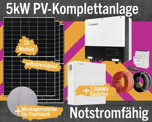 PV-Komplettanlage mit Speicher 7,68 kW (notstromfähig) 5 kWp inkl. Hybrid-Wechselrichter + Zubehör für Bitumen Flachdach Solarmodul-Set Anzahl Module 12 Stück-0