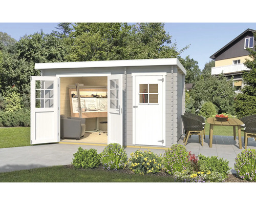 Gartenhaus weka 254 Gr. 2 inkl. Fußboden 394 x 296 cm hellgrau Gartenhaus mit Werkbank und geöffneter Doppeltür im Garten