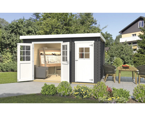Gartenhaus weka 254 Gr. 2 inkl. Fußboden 394 x 296 cm graphitgrau Modernes Gartenhaus mit Doppeltür und Einzeltür auf einer Terrasse mit Gartenmöbeln