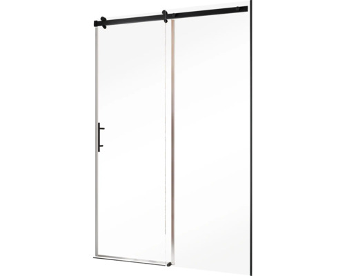 Schiebetür aus Glas mit schwarzer Aufhängung für den Duschbereich