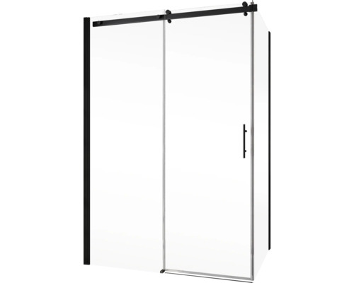 Eckdusche mit Schiebetür und schwarzem Rahmen